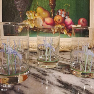 Puede incluir: Tres vasos de vidrio transparente con borde verde y un diseño floral de iris azules. Los vasos están sobre una superficie de mármol.