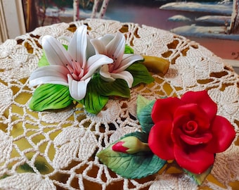 Vintage Porcelain Flower Figurines, Set of Two Ceramic Sculptures, 1980s Home Decor