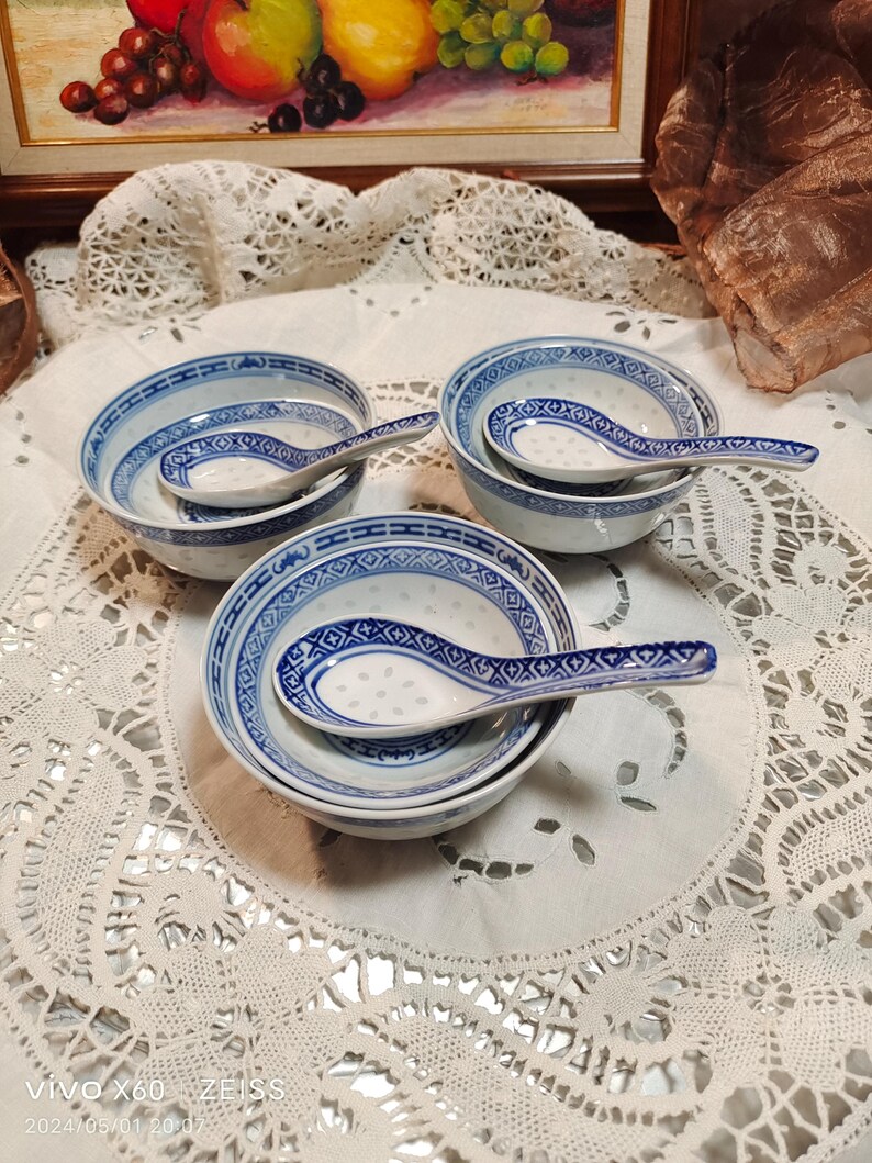 Chinese Rice Bowl Set, Dragon Pattern, Matching Spoons & Sauce Dish - Etsy