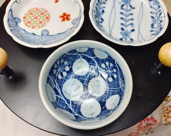 A set of three Blue white asian Pottery Dip dishes Japanese dip dishes, hand-painted Pottery dip dishes