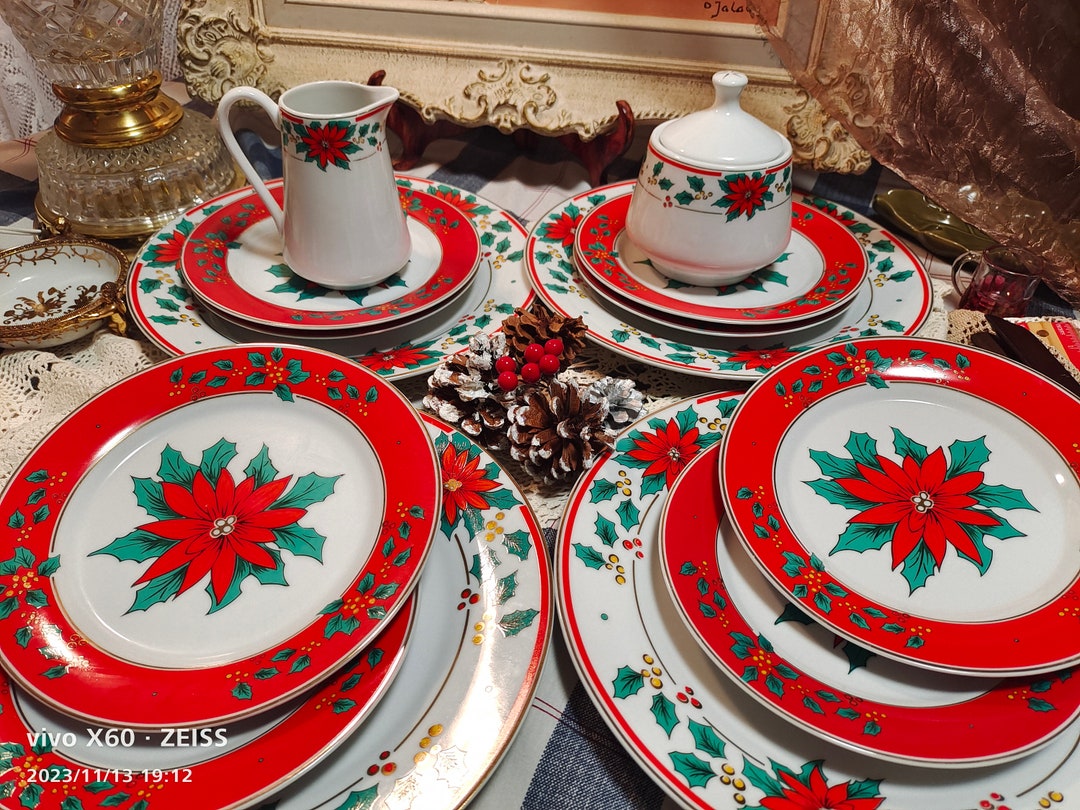 Modern Poinsettia Dinnerware Sets TIENSHAN Poinsettia Ribbons By