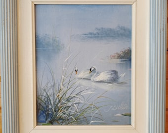 Vintage Framed Original Oil Painting Swan on Canvas -  Blue Sky,  Lake Themed Art - Signed by Artist, Vintage Oil Painting Signed