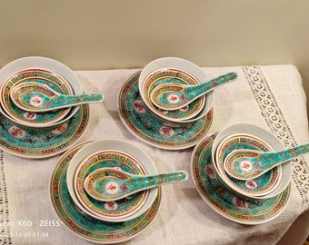 Vintage Jingdezhen Turquoise Longevity hand painted crafted porcelain plate, rice bowl, sauce bowl and spoon set