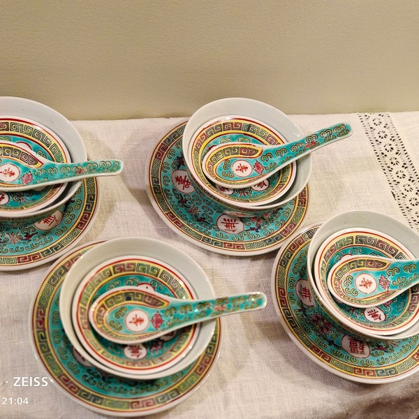 Vintage Jingdezhen Turquoise Longevity hand painted crafted porcelain plate, rice bowl, sauce bowl and spoon set