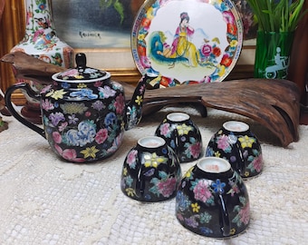 Seven pieces of Chinese Jindezhen Millefleur Famille Noire Black Porcelain Teapot and Cups
