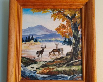 1960s Deer in Landscape Framed Oil Painting, Buck, Doe, Fawn, Stream, Mountains, Evergreens, Maple trees, Wildlife landscape , Deer Folk Art