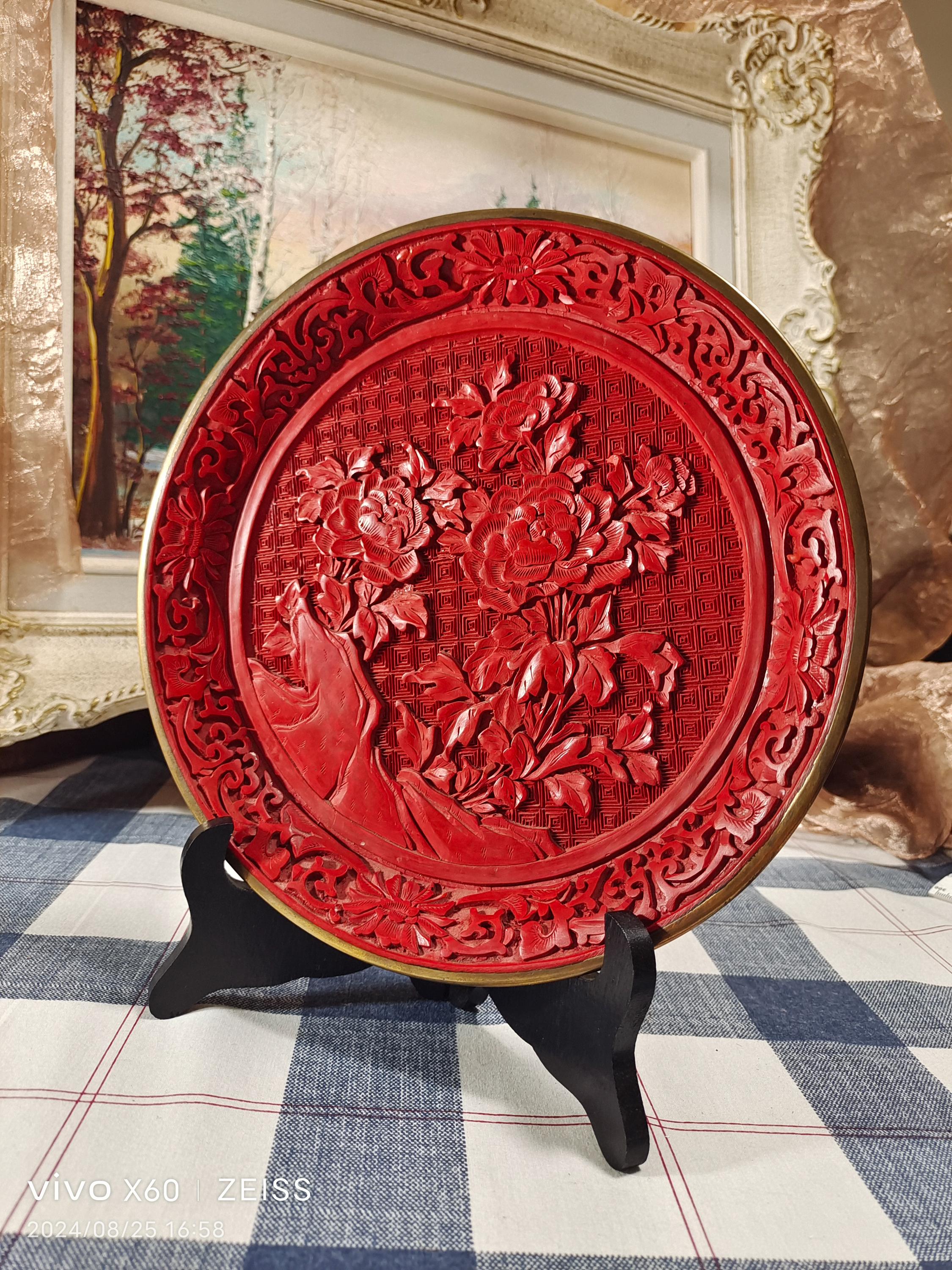 China red lacquer plate decorative plate hand carved with intricate details