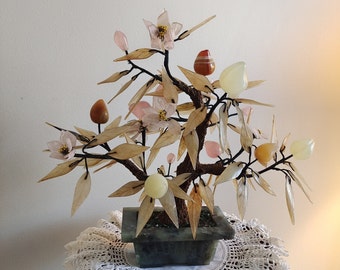 Vintage Handmade Jade Bonsai Tree, Peach Blossom Accent, Marble Pot