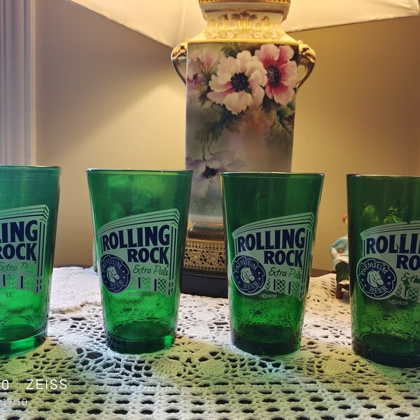 Rolling Rock Extra Pale Green Beer Glasses Premium Beer Established In 1939 Old Latrobe Horse Seal Vintage