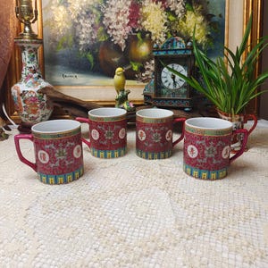 Vintage Famille Rose Teacup Set, Hand Painted Jingdezhen Porcelain Oriental Design