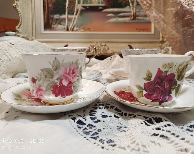 Set of 4 vintage tea sets, mismatched tea cups and saucers, made in England