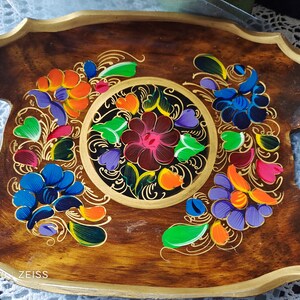 Mexican Folk Art Handpainted Oval Wood Platter, Floral style, Double Handled Tray, Golden trim