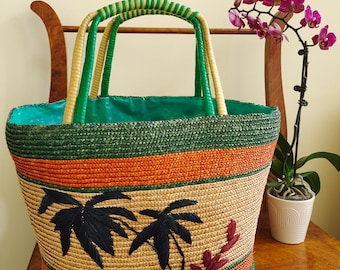 Vintage handgebreide handtas van stro, geweven strandtas