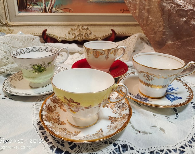 Set of 4 vintage tea sets, mismatched tea cups and saucers, made in England
