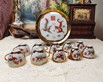 ヴィンテージ中国磁器手描き龍と鳳凰ライスボウル 10 個 新品同様