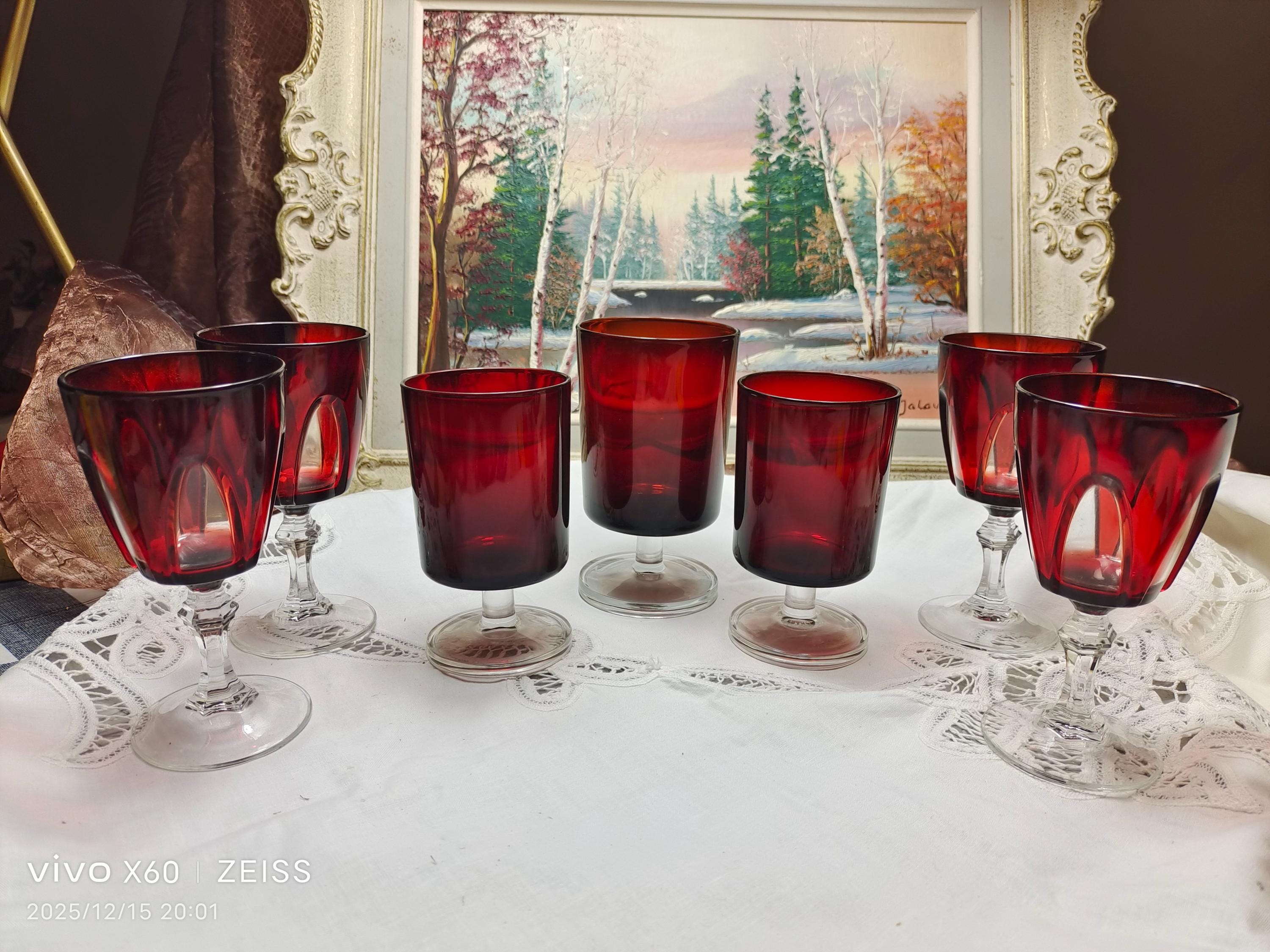 Vintage French Red Crystal Glasses, Gothic Cut to Clear Stemware
