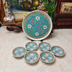 Vintage Famille Rose Porcelain Plate, Mun Shou Longevity, Hand Painted