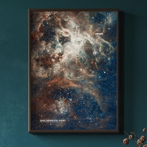 Può includere: Una stampa incorniciata di una nebulosa con nuvole di gas e polvere vorticose, su uno sfondo blu scuro e stelle sparse. Il testo "TOTAL PERSPECTIVE VORTEX" è stampato nella parte inferiore dell'immagine.