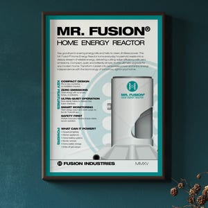 May include: A framed poster advertising the "Mr. Fusion Home Energy Reactor." The poster includes an illustration of the reactor and text detailing its features, such as compact design and zero emissions. The color palette is white, grey, and teal, with a teal border.