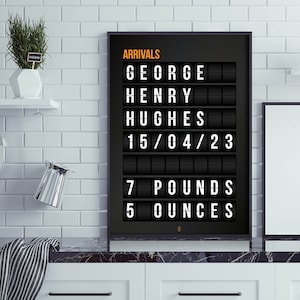 Könnte beinhalten: Schwarzweißes Ankunftsanzeigetafel am Flughafen mit dem Text "ARRIVALS", "GEORGE", "HENRY", "HUGHES", "15/04/23", "7 POUNDS" und "5 OUNCES".