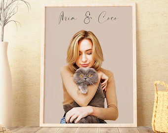 Pet and Owner Portrait, Custom Pet and human Portrait from Photo, PRINTABLE Wall Art, Dog with Owner, Cat with Owner, DIGITAL DOWNLOAD