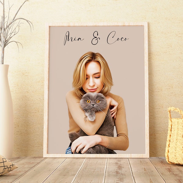 Pet and Owner Portrait, Custom Pet and human Portrait from Photo, PRINTABLE Wall Art, Dog with Owner, Cat with Owner, DIGITAL DOWNLOAD