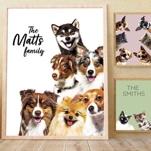 Peut inclure: Plusieurs portraits d'animaux encadrés. Le portrait principal présente un groupe de chiens avec le texte "The Matts family". D'autres portraits incluent des chiens et des chats, chacun avec un nom de famille.