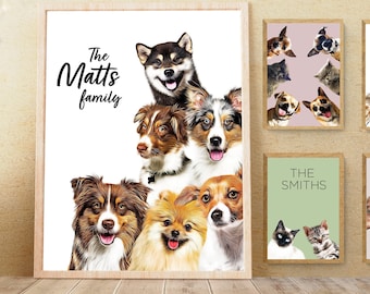 Custom 6 Pet Portrait from the photo, Fun multiple animal (6 in 1 portrait), fun family animal lover gift, Custom Dog Portrait PEEKABOO