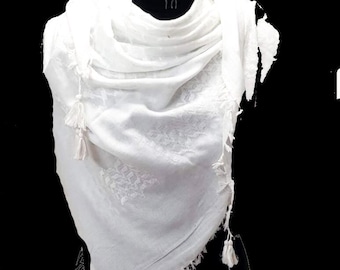 Palestine All White Keffiyeh Kufiya AKG Scarf (48*48) Free Palestine Traditional Shemagh With Tassels Arafat Hatta Arab Style For Him - Her