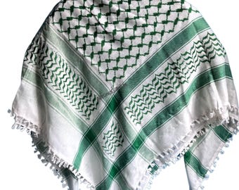 Palestine Shemagh Keffiyeh Islamic Arab Scarf White Green Kufiya Arafat Hatta With Tassle, Women Scarves, Personalized Gift, Gift For Her