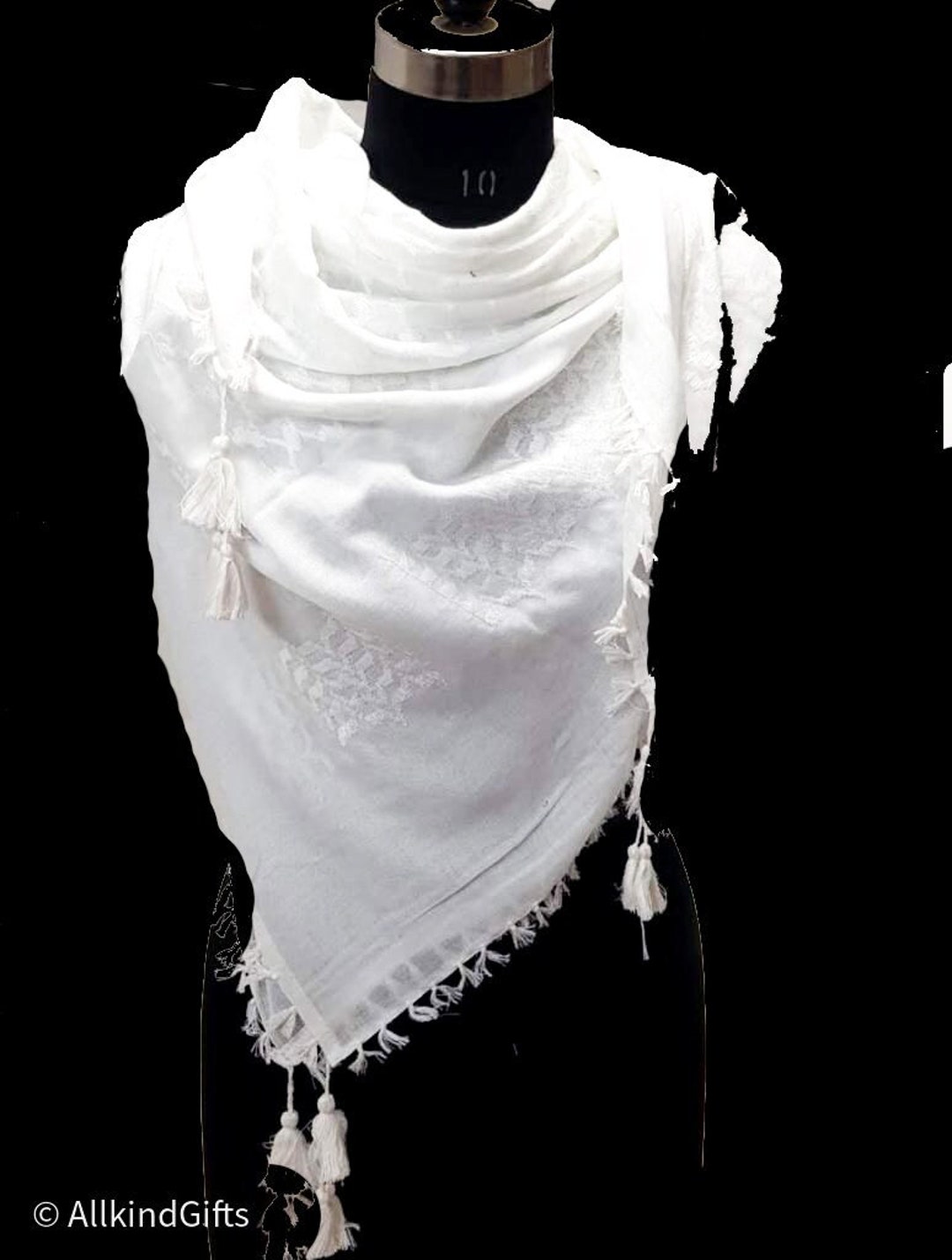 Buy Palestine All White Keffiyeh Kufiya AKG Scarf (48*48) Free