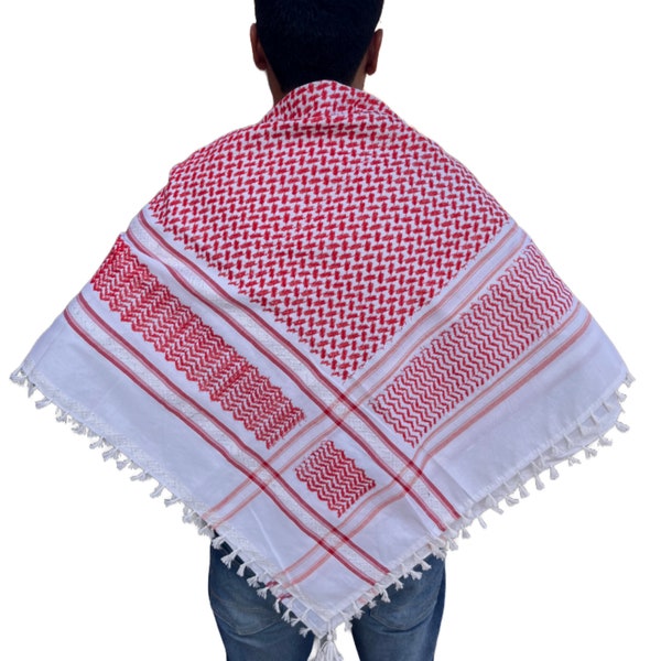 Shemagh Keffiyeh Arab Scarf Palestine Red on White Kufiya Arafat Hatta Shemagh Scarf, Palestinian Style Kefiyeh, Dubai Style Outfit