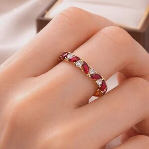 Classic Red Ruby Moissanite Gemstone Eternity Band For Women-14k Solid Gold Marquise Cut Ruby Ring-Stackable Ruby Anniversary 925Silver Band