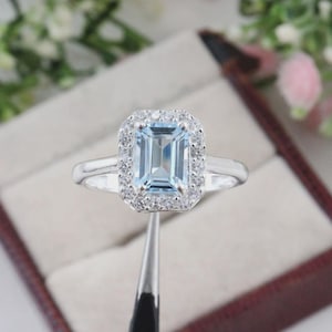 Vintage Style Aquamarine Engagement Ring: 925 Sterling Silver, Emerald Cut
