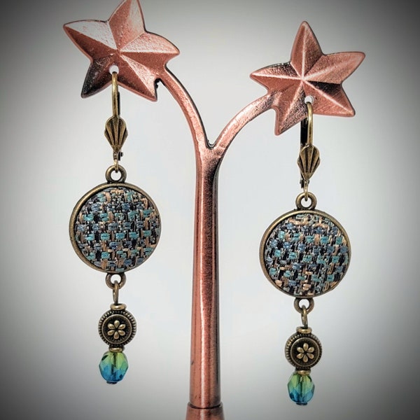 Boucles d'oreilles pendantes bleues en tweed et perles en verre Swarovski