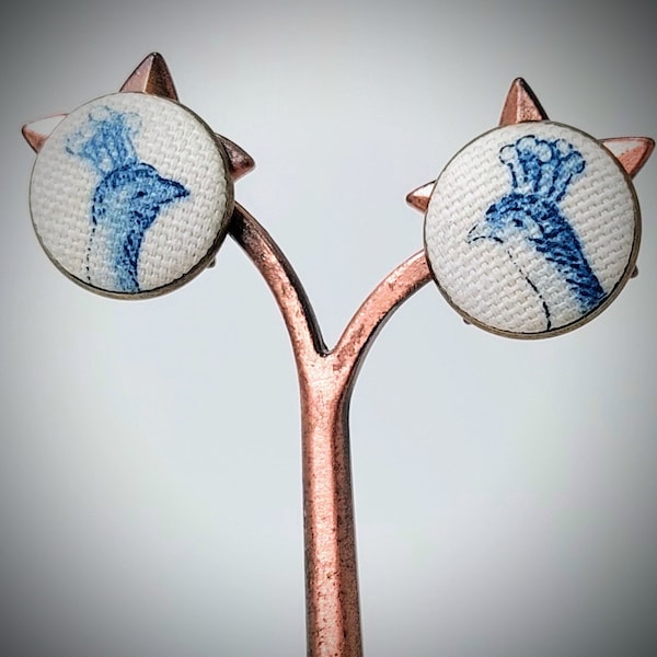 Boucles d'oreilles clip, bleues et blanches, toile de Jouy et carreaux Vichy