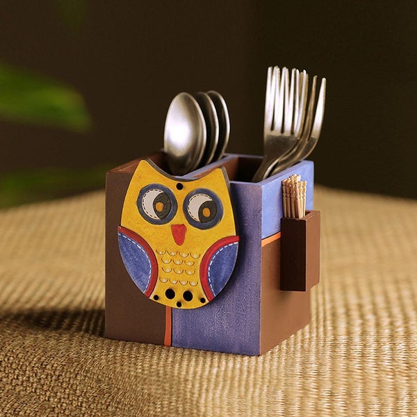 Hand Painted Owl Pine Wooden Cutlery Holder for Kitchen and Dining Table