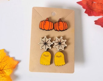 Ensemble de boucles d'oreilles en bois | Cadeau d'Halloween d'automne, citrouille, Toile d'araignée,fantôme,monstre