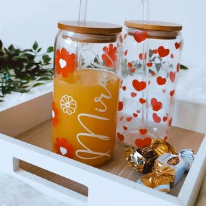 Gobelet en verre avec couvercle en bambou et paille en verre, avec nom personnalisé, cadeau personnalisé pour ami, femme, proche image 2