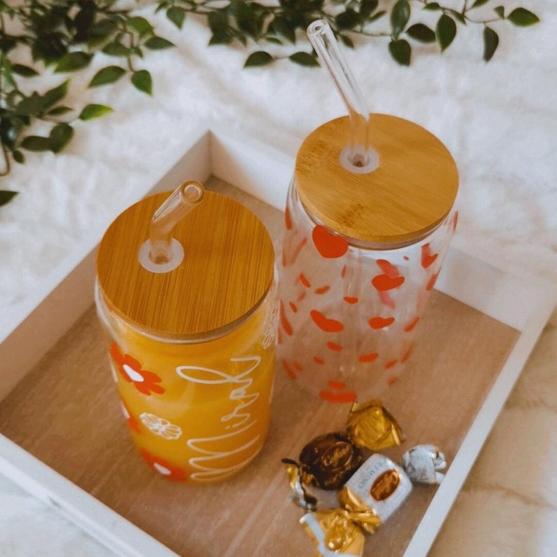 Gobelet en verre avec couvercle en bambou et paille en verre, avec nom personnalisé, cadeau personnalisé pour ami, femme, proche image 3