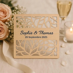 Faire-part de Mariage en Bois, 10x10 cm Sous Verre Personnalisé - Évènement, Logo Entreprise, Décoration Chic
