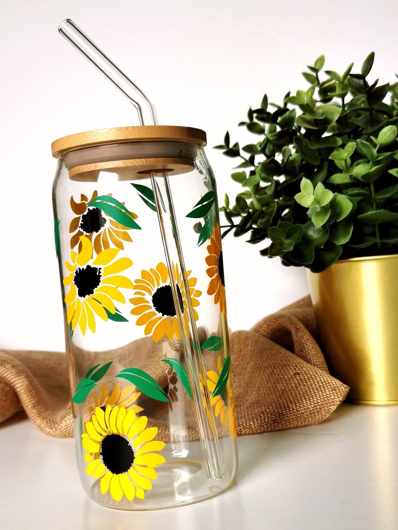 Sunflower Cup / Personalized Glass With Bamboo Lid And Straw