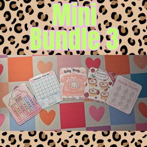 May include: Five small, square cards with different designs and text, including a rainbow, a pixel party game, a telephone, cherry desserts, and the phrase "Friends Forever." The background has a leopard print and a checkered pattern with hearts.