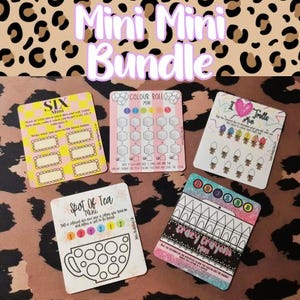 May include: A selection of mini cards with diverse designs and text, including "Mini Mini Bundle," "Six Mini," "Colour Roll Mini," "I Trolle Mini," "Spot of Tea Mini," and "Crazy Crayons Mini." The cards are displayed on a leopard print background.