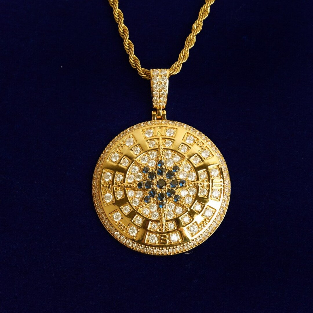 24k Gold Compass Necklace Iced Out Pendant With Rope Chain Etsy