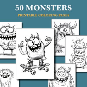 Puede incluir: Un conjunto de 50 páginas para colorear imprimibles con ilustraciones en blanco y negro de varios monstruos de dibujos animados. El título "50 MONSTERS PRINTABLE COLORING PAGES" está en la parte superior de la imagen.