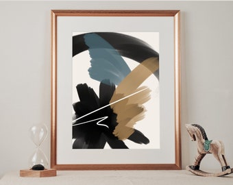 Black and White Printable Wall Art | Abstract | Blue and Tan Art | Digital Download Art Print | Bold Modern Art | Wall Decor