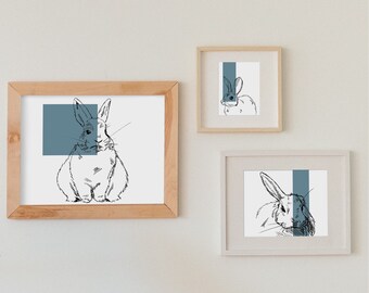 Rabbit Printable Wall Art | Animal Wall Art | Digital Download Art Print | Bunny | Rabbits | Animal| Farmhouse Decor| Black and White | Blue