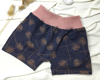 süße Sommer Shorty kurze Hose Shorts in Gr. 68/74 – altrosa-dunkelblau mit braunem Pusteblumen-Muster