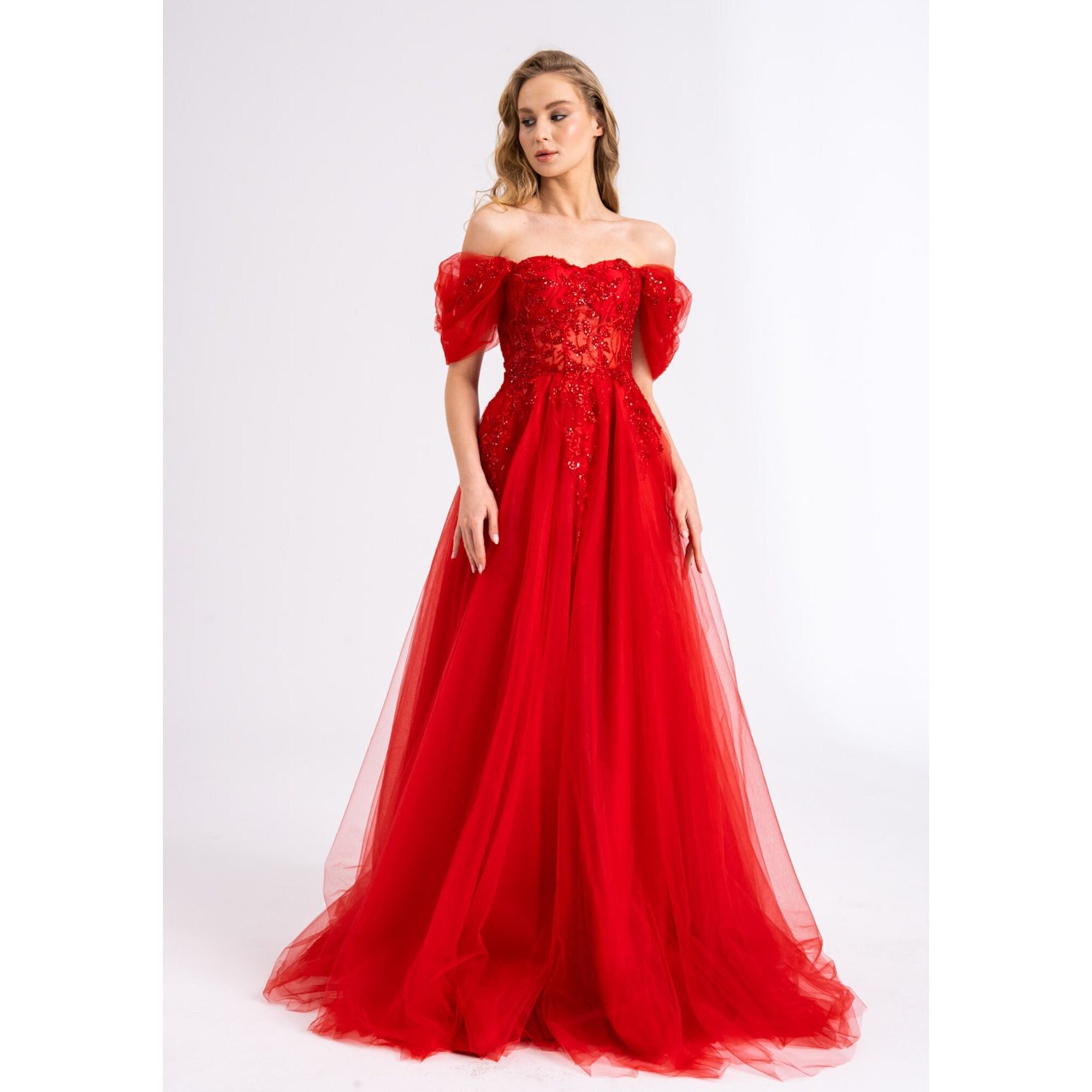 Tulle Corset Ball Gown Long Flowy off Shoulder Red Prom Dess Etsy